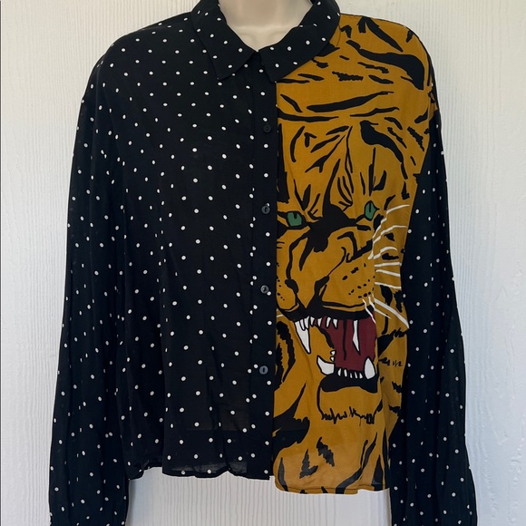 Zara - Tiger Black Polka Dot Button Down Long Sleeve Blouse Size Medium - Picture 5 of 8